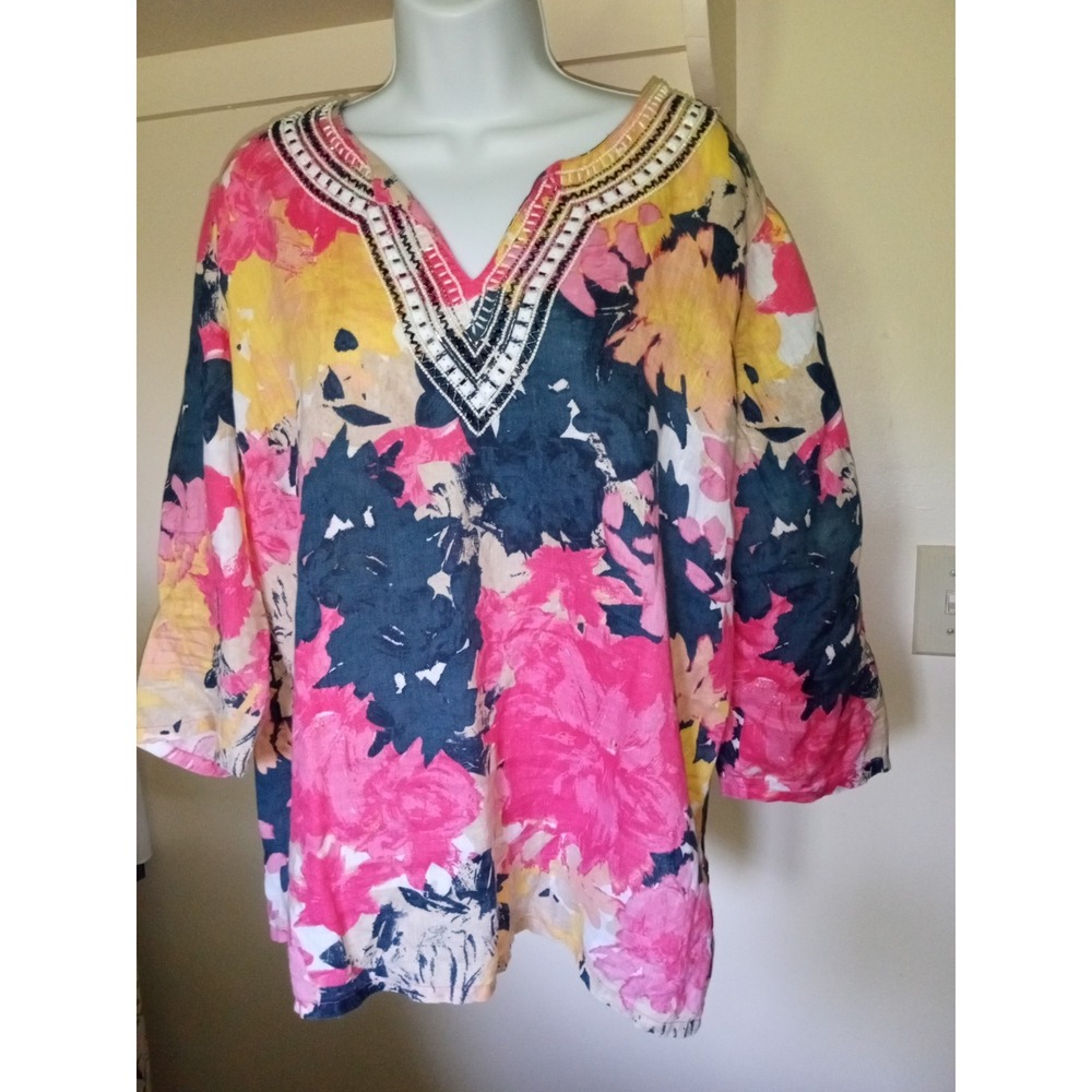 Charter Club Luxury Linen Floral Beaded V-Neck Tunic Top Pink Yellow P/XL